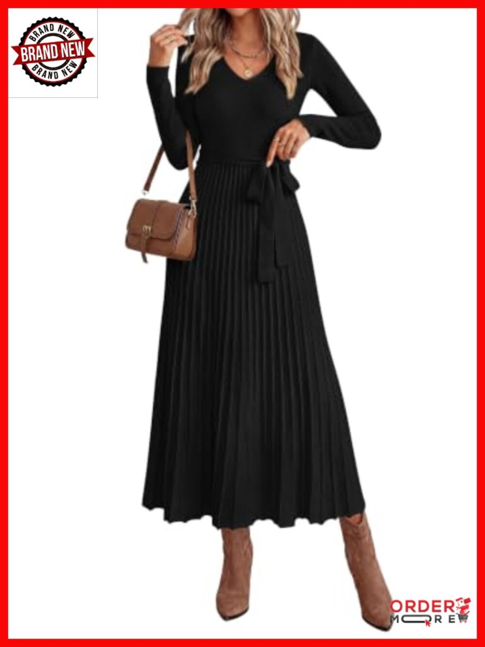 Womens Fall Maxi Long Sleeve Sweater Dress V-Neck A-Line Bow